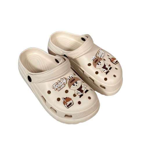 Dép Clog Unisex Poppy Go Classic Beige Teddy Charm - Gắn Charm Gấu