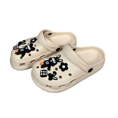 Dép Clog Unisex Poppy Go Classic Beige Teddy Charm - Gắn Charm Gấu