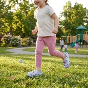 Cách Chọn Dép Sục Cho Bé Gái Cho Bé Di Chuyển Cả Ngày Cận cảnh dép sục cho bé gái màu xanh pastel đính charm đáng yêu đi trên cát biển siêu nhẹ tại Poppy Go.