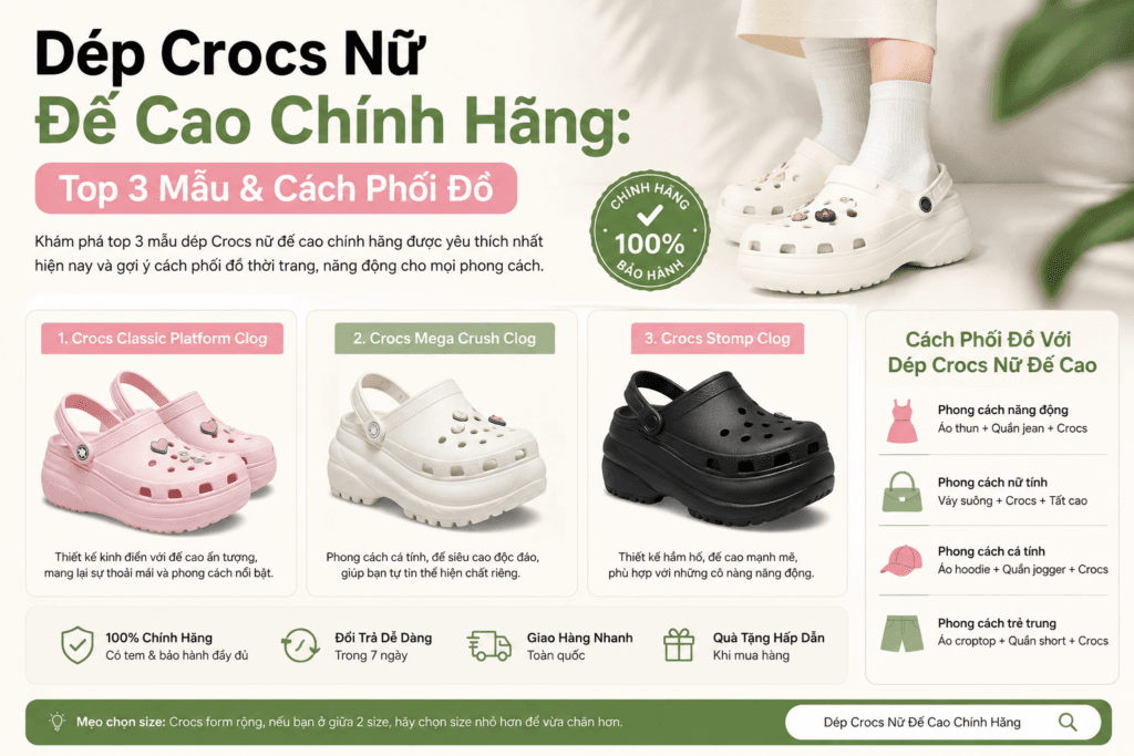Dép Crocs nữ đế cao chính hãng màu hồng, trắng và đen