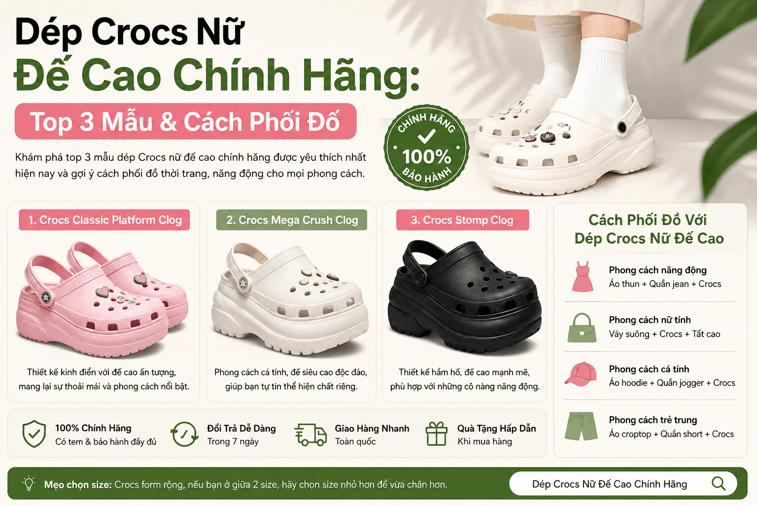 Dép crocs nữ đế cao chính hãng tôn dáng cực đỉnh tại Poppy Go Store