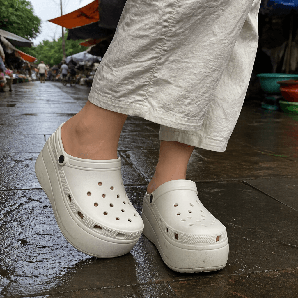 Một cô gái đang đi mẫu dép Crocs nữ đế Platform màu đen, kết hợp với tất trắng và váy denim ngắn, tạo vẻ ngoài trẻ trung và cá tính.
