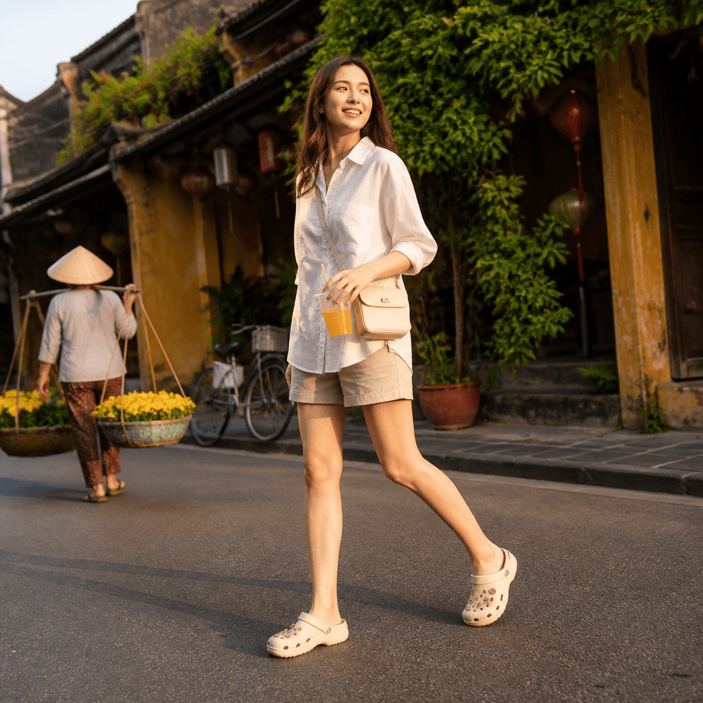 Một cô gái trẻ đang đi dép Crocs nữ chính hãng màu trắng, kết hợp với quần jean ống rộng và áo crop top, tạo phong cách đường phố năng động.