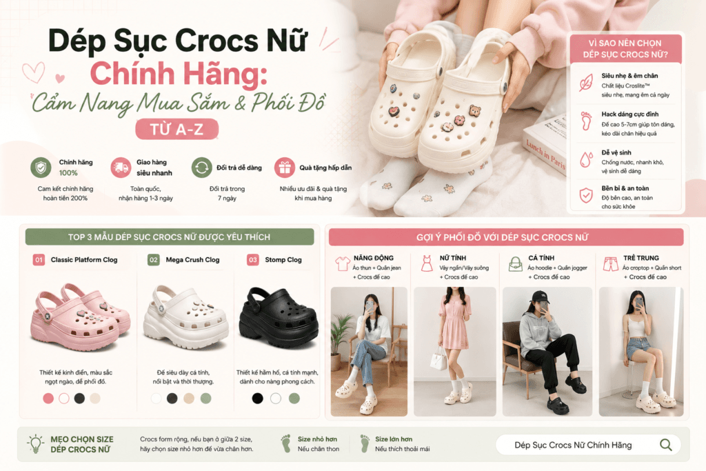 Dép sục Crocs nữ chính hãng với các mẫu Classic Platform Clog, Mega Crush Clog và Stomp Clog