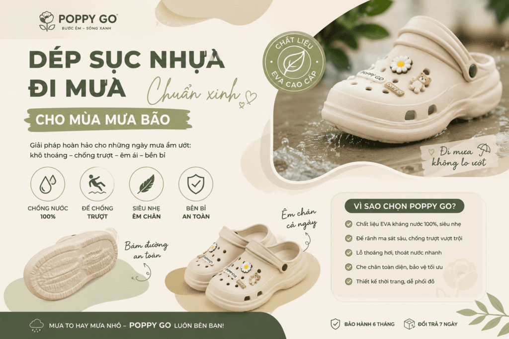 Dép sục nhựa Poppy Go chống nước, chống trượt và siêu nhẹ cho mùa mưa